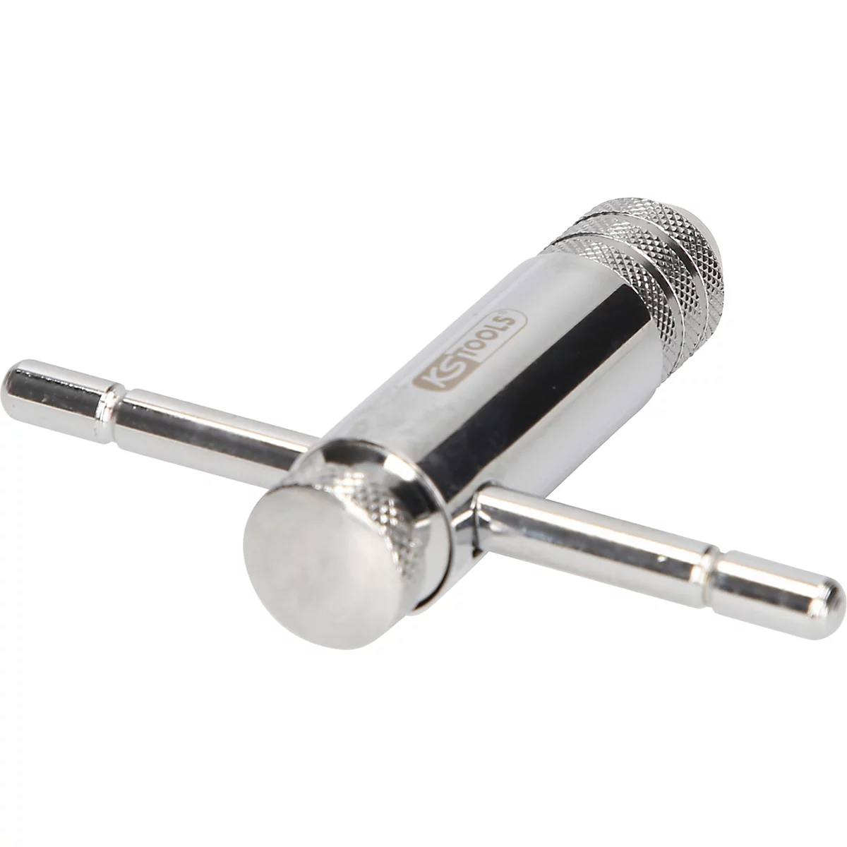 Silberner KS TOOLS Gewindebohrer mit Kreuzgriff. Aufschrift auf dem Produkt.